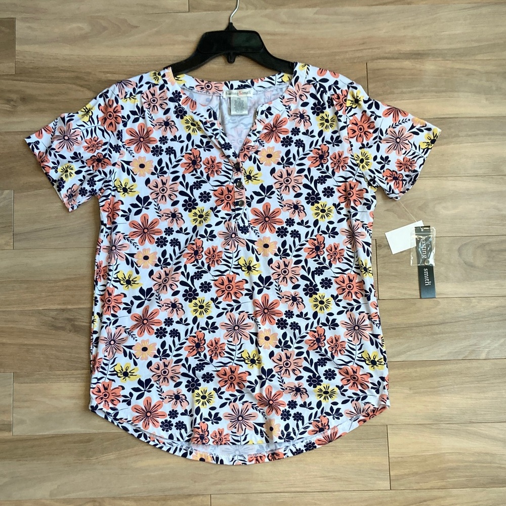 hasting & smith floral print pullover top white w flowers pattern PM M petite
